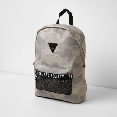 Stone camo print mesh pocket backpack